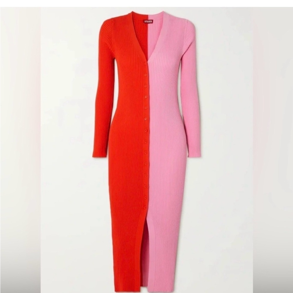 STAUD Two-Tone Ribbed Button-Front Midi Dress — Red & Pink - Picture 2 of 5